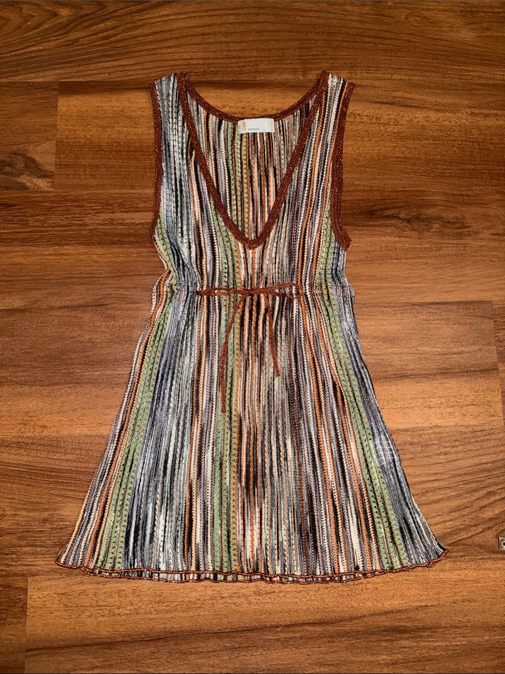 MISSONI- Sheer Multi-Color Striped V-Neck Knit Mini Dress